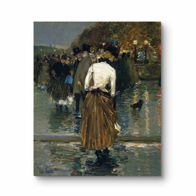 "Childe Hassam's 'Elegant Lady in 19th Century Street Scene' - Hand-Painted Impressionist Oil Painting Reproduction"