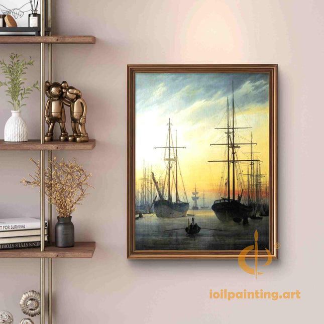 "William Turner's 'Golden Hour Harbor' - Hand-Painted Maritime Oil Painting Reproduction"