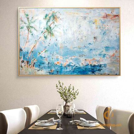 "Abstract Coastal Oil Painting - Tropical Palm Tree Against Ocean Blues | Handmade Beach House Wall Art"