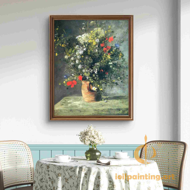 "Pierre-Auguste Renoir's 'Wildflower Symphony' - Premium Hand-Painted Oil Painting Reproduction in Terracotta Vase"
