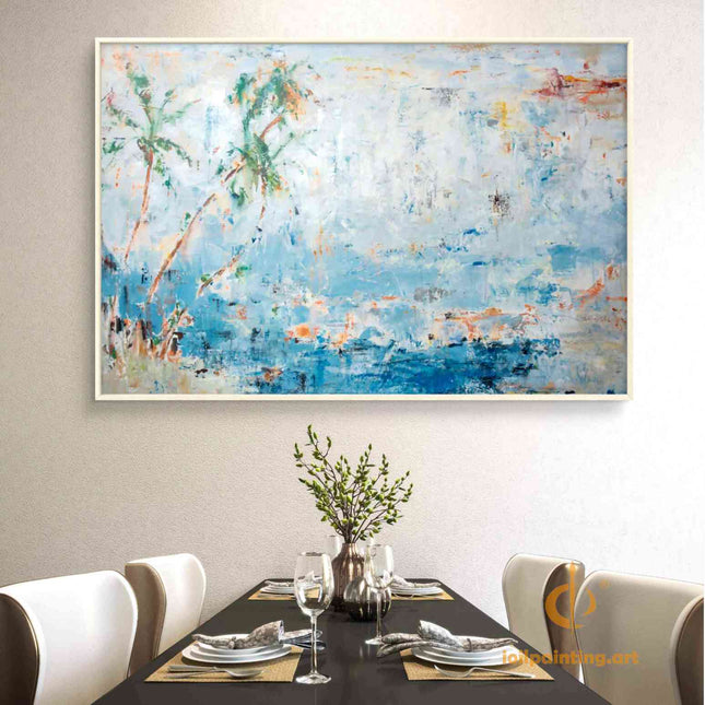 "Abstract Coastal Oil Painting - Tropical Palm Tree Against Ocean Blues | Handmade Beach House Wall Art"