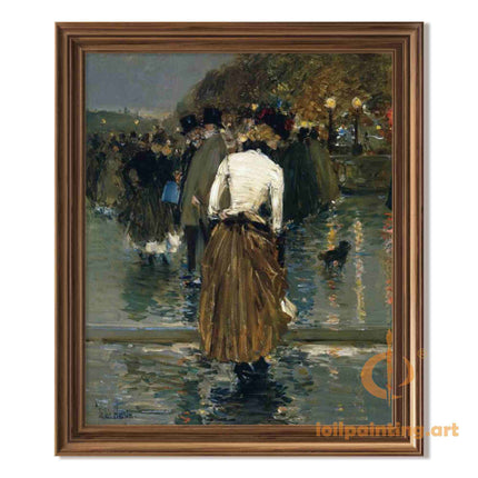 "Childe Hassam's 'Elegant Lady in 19th Century Street Scene' - Hand-Painted Impressionist Oil Painting Reproduction"