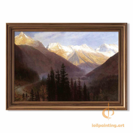 "Albert Bierstadt's 'Alpine Majesty' - Hand-Painted Mountain Landscape Oil Painting Reproduction"