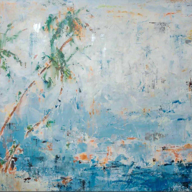 "Abstract Coastal Oil Painting - Tropical Palm Tree Against Ocean Blues | Handmade Beach House Wall Art"