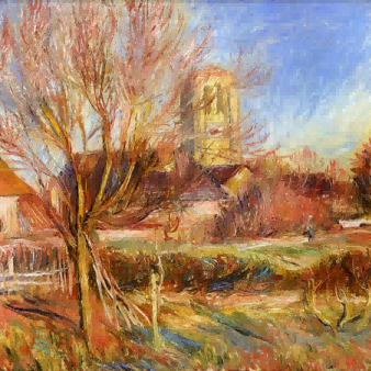 "Pierre-Auguste Renoir's 'Serene Village with Church Spire' - Premium Hand-Painted Oil Painting Reproduction"