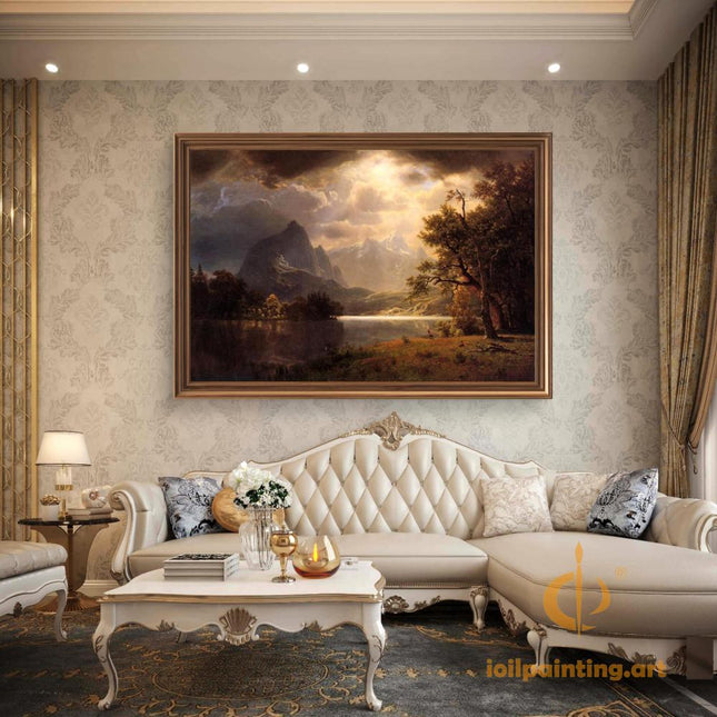"Albert Bierstadt's 'Mountain Lake Serenity' - Hand-Painted Landscape Oil Painting Reproduction"
