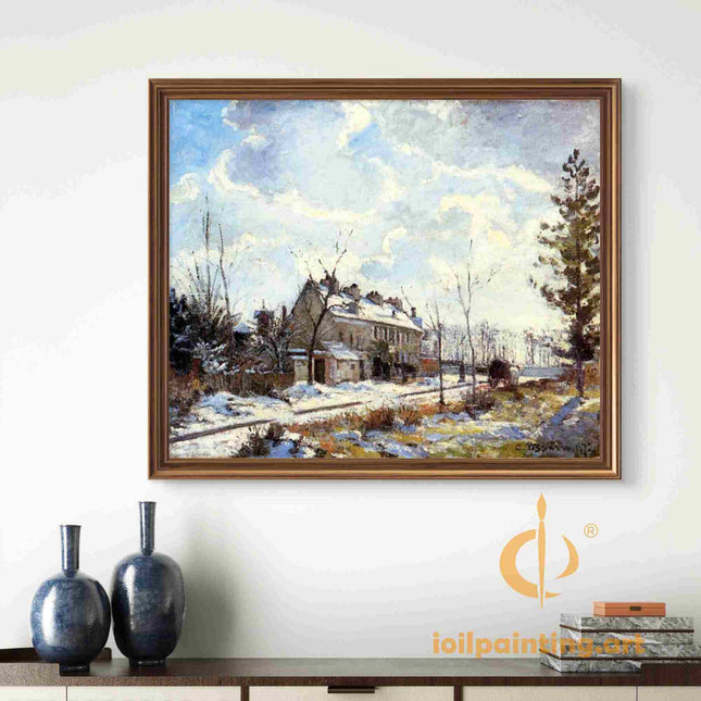 "Camille Pissarro's 'Snow-Covered Cottage in Winter' - Hand-Painted Impressionist Oil Painting Reproduction"