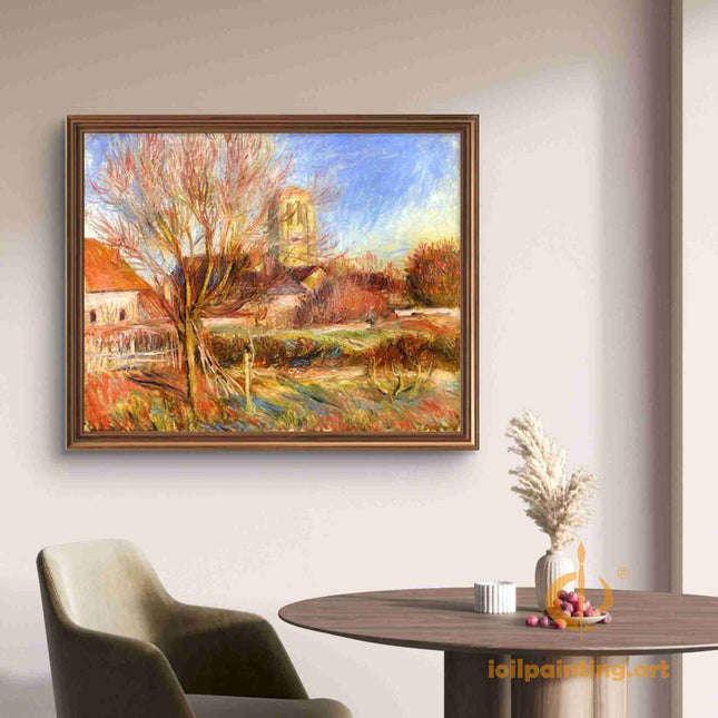 "Pierre-Auguste Renoir's 'Serene Village with Church Spire' - Premium Hand-Painted Oil Painting Reproduction"