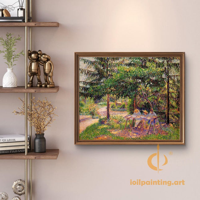 "Camille Pissarro's 'Figures in Sunlit Garden' - Hand-Painted Impressionist Oil Painting Reproduction"