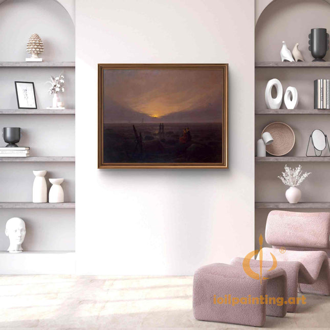 "Caspar David Friedrich's 'Romantic Sunset Seascape' - Hand-Painted Coastal Oil Painting Reproduction"