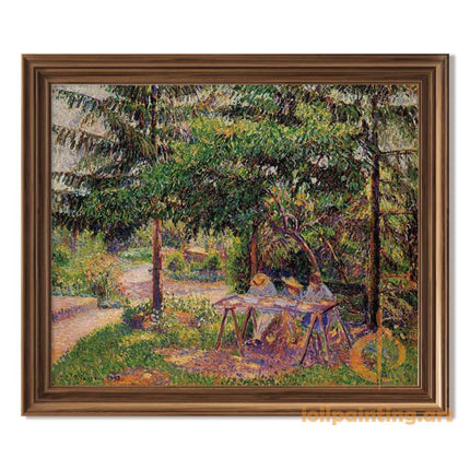 "Camille Pissarro's 'Figures in Sunlit Garden' - Hand-Painted Impressionist Oil Painting Reproduction"