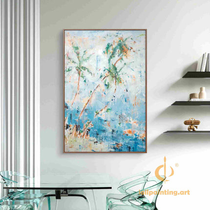 "Tropical Abstract Oil Painting - Vibrant Palm Trees Against Ocean Blue Sky | Handmade Canvas Wall Art for Coastal Decor"