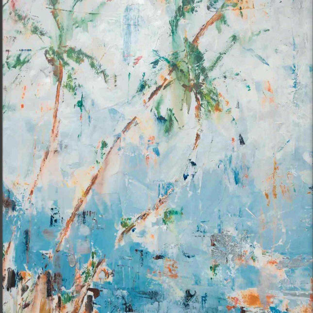 "Tropical Abstract Oil Painting - Vibrant Palm Trees Against Ocean Blue Sky | Handmade Canvas Wall Art for Coastal Decor"