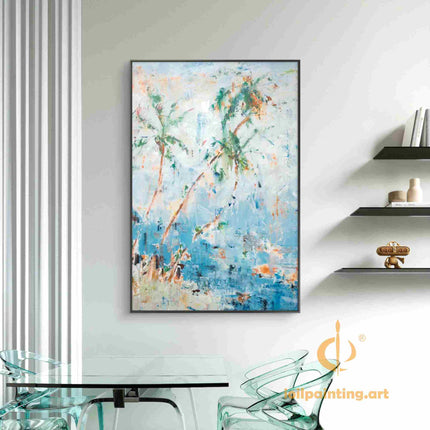 "Tropical Abstract Oil Painting - Vibrant Palm Trees Against Ocean Blue Sky | Handmade Canvas Wall Art for Coastal Decor"