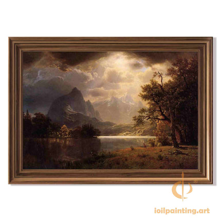 "Albert Bierstadt's 'Mountain Lake Serenity' - Hand-Painted Landscape Oil Painting Reproduction"