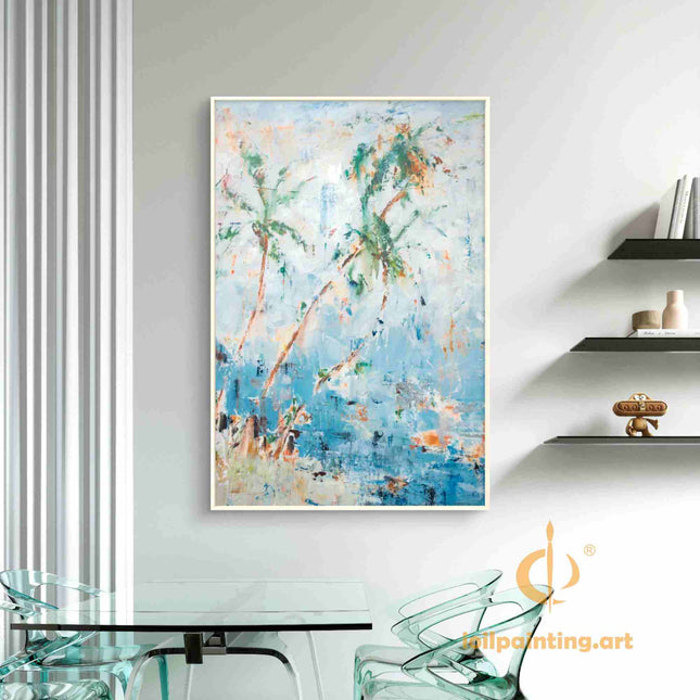 "Tropical Abstract Oil Painting - Vibrant Palm Trees Against Ocean Blue Sky | Handmade Canvas Wall Art for Coastal Decor"