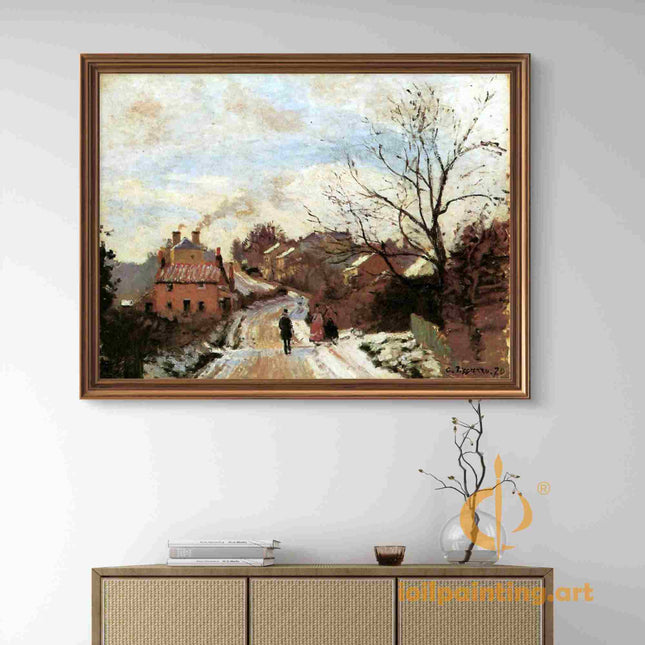"Camille Pissarro's 'Winter Village with Snow-Dusted Path' - Hand-Painted Impressionist Oil Painting Reproduction"