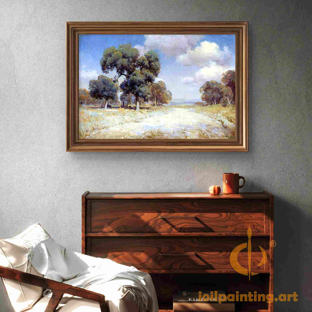 "Julian Onderdonk's European Landscape Oil Reproduction: Serene Country Road with Majestic Trees"