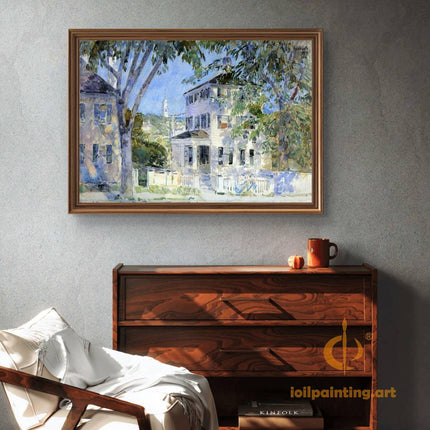 "Childe Hassam's 'Serene Countryside Home' - Hand-Painted Landscape Oil Painting Reproduction"