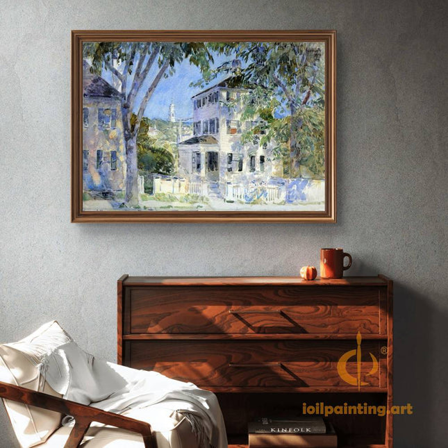 "Childe Hassam's 'Serene Countryside Home' - Hand-Painted Landscape Oil Painting Reproduction"