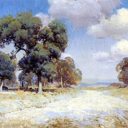 "Julian Onderdonk's European Landscape Oil Reproduction: Serene Country Road with Majestic Trees"