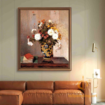 "Camille Pissarro's 'Floral Still Life in Ornate Vase' - Hand-Painted Impressionist Oil Painting Reproduction"