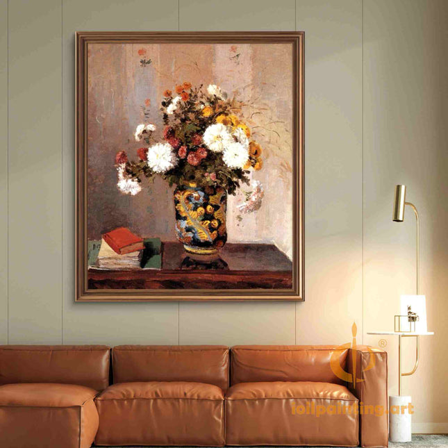 "Camille Pissarro's 'Floral Still Life in Ornate Vase' - Hand-Painted Impressionist Oil Painting Reproduction"
