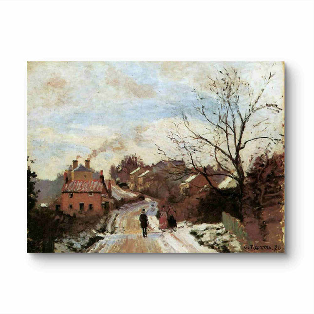 "Camille Pissarro's 'Winter Village with Snow-Dusted Path' - Hand-Painted Impressionist Oil Painting Reproduction"