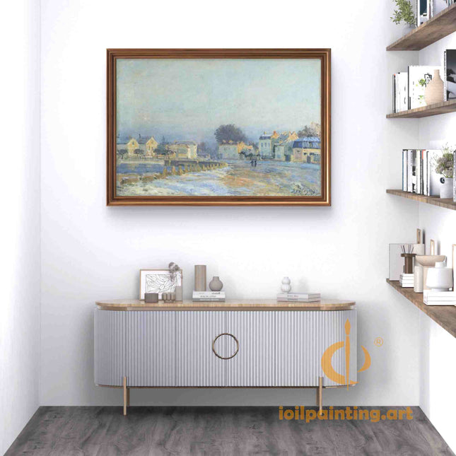 "Alfred Sisley's 'Snow-Clad Riverside Village' - Hand-Painted Impressionist Oil Painting Reproduction"