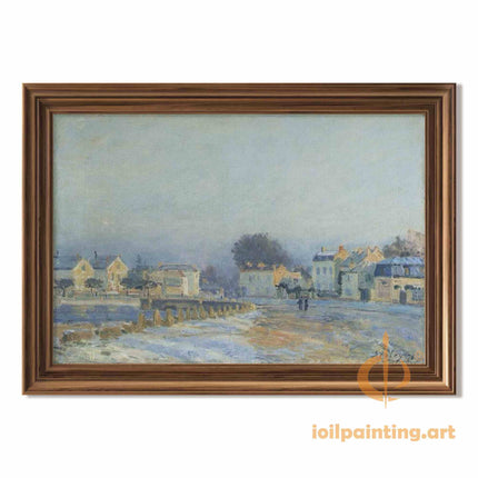 "Alfred Sisley's 'Snow-Clad Riverside Village' - Hand-Painted Impressionist Oil Painting Reproduction"