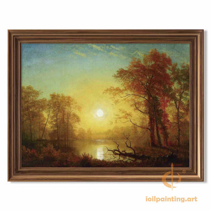 "Albert BIerstadt's 'Autumn Lakeside Serenity' - Hand-Painted Landscape Oil Painting Reproduction"