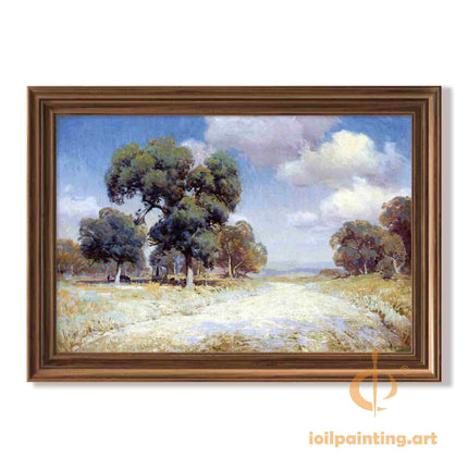 "Julian Onderdonk's European Landscape Oil Reproduction: Serene Country Road with Majestic Trees"