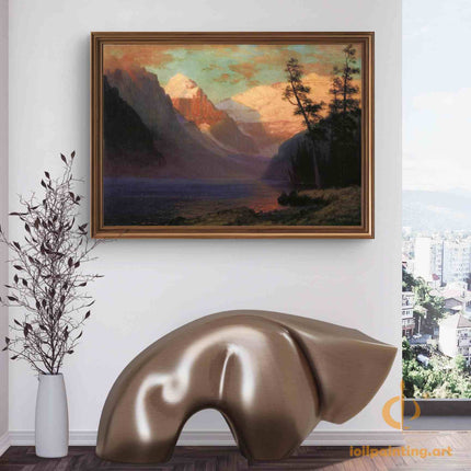 "Albert Bierstadt's 'Golden Mountain Majesty' - Hand-Painted Landscape Oil Painting Reproduction"