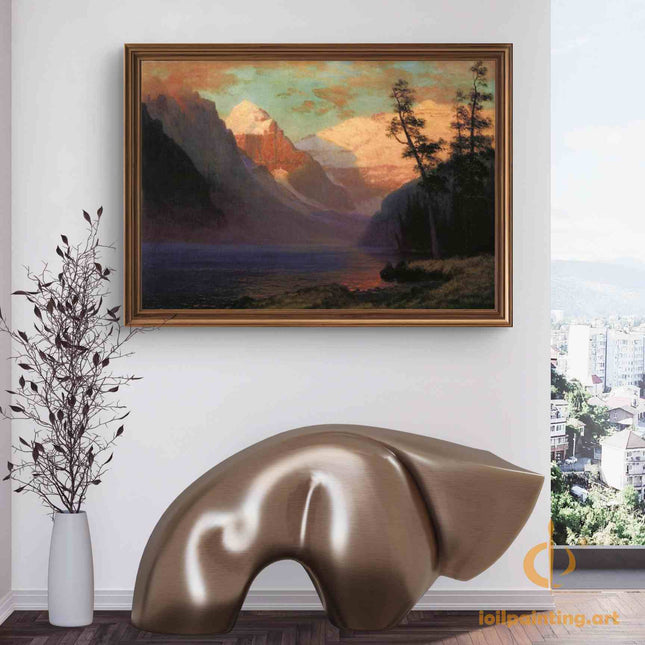 "Albert Bierstadt's 'Golden Mountain Majesty' - Hand-Painted Landscape Oil Painting Reproduction"