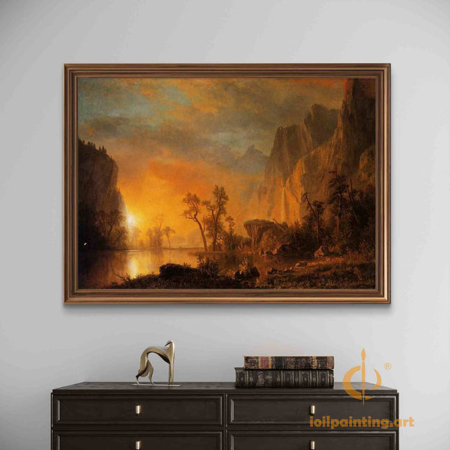 "Albert Bierstadt's 'Golden Mountain Sunset' - Hand-Painted Landscape Oil Painting Reproduction"