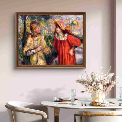 "Pierre-Auguste Renoir's 'Garden Conversation' - Premium Hand-Painted Oil Painting Reproduction of Two Girls in Bloom"
