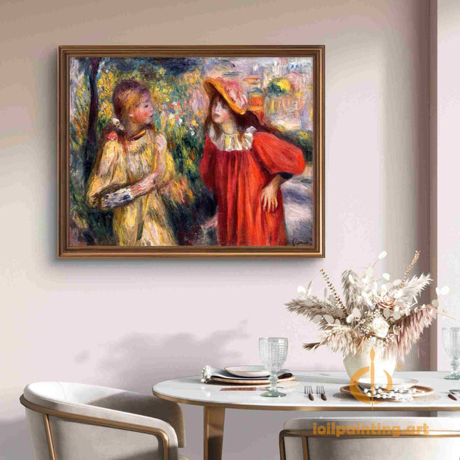 "Pierre-Auguste Renoir's 'Garden Conversation' - Premium Hand-Painted Oil Painting Reproduction of Two Girls in Bloom"