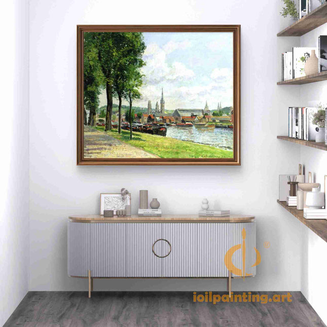 "Camille Pissarro's 'Riverside Village with Colorful Boats' - Hand-Painted Oil Painting Reproduction"