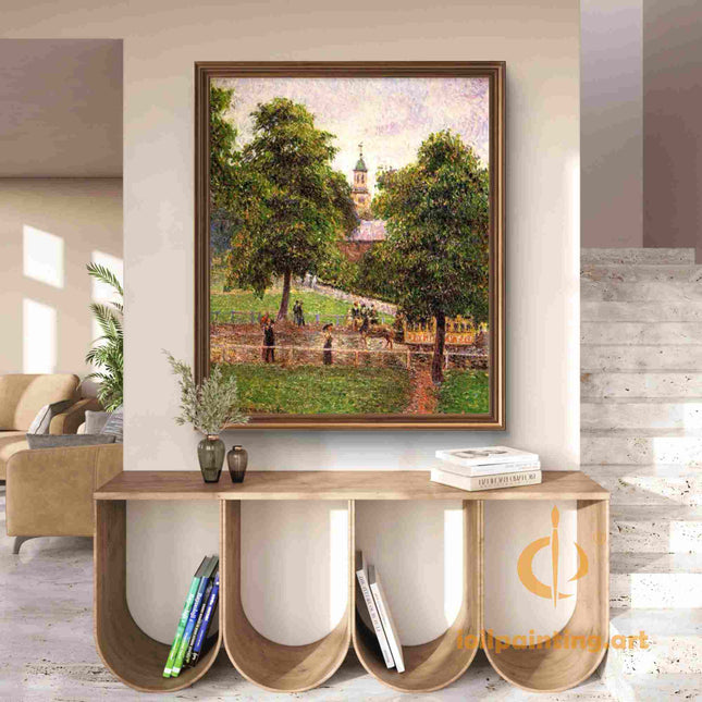 "Camille Pissarro's 'Village Green with Church Spire' - Hand-Painted Impressionist Oil Painting Reproduction"