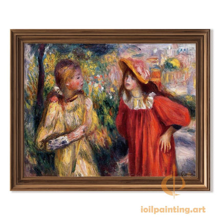 "Pierre-Auguste Renoir's 'Garden Conversation' - Premium Hand-Painted Oil Painting Reproduction of Two Girls in Bloom"