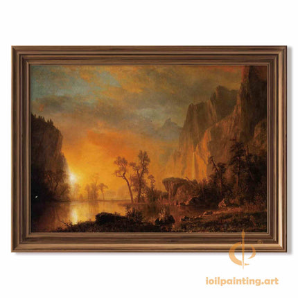 "Albert Bierstadt's 'Golden Mountain Sunset' - Hand-Painted Landscape Oil Painting Reproduction"