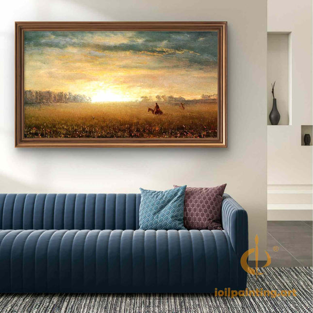 "Albert Bierstadt's 'Golden Plains Rider' - Hand-Painted Western Landscape Oil Painting Reproduction"