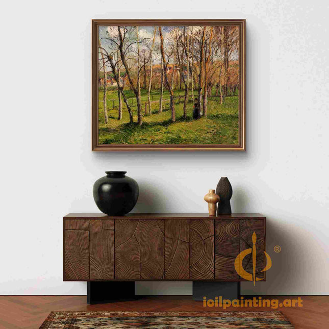 "Camille Pissarro's 'Tall Trees in Verdant Meadow' - Hand-Painted Impressionist Oil Painting Reproduction"