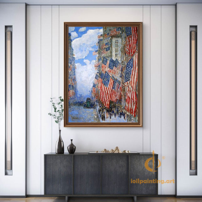 "Childe Hassam's 'Patriotic New York Streets' - Hand-Painted American Impressionist Oil Painting Reproduction"
