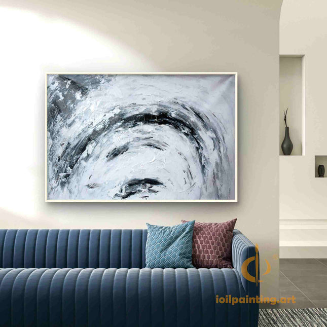 "Monochrome Abstract Oil Painting - Dramatic Black & White Textured Canvas Art | Modern Handmade Wall Decor"