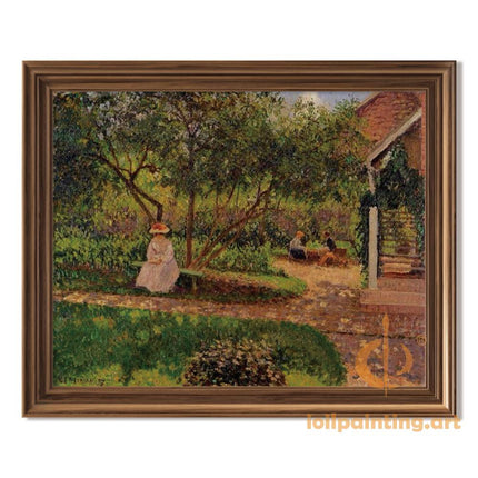 "Camille Pissarro's 'Lady in Garden' - Hand-Painted Impressionist Oil Painting Reproduction"