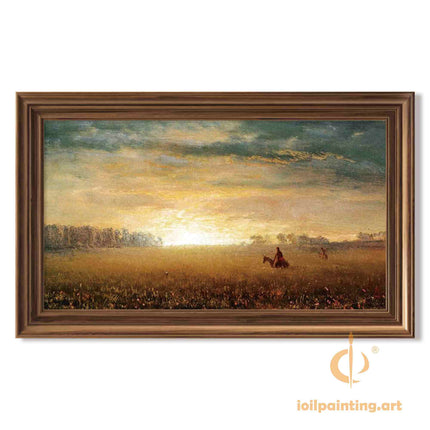 "Albert Bierstadt's 'Golden Plains Rider' - Hand-Painted Western Landscape Oil Painting Reproduction"