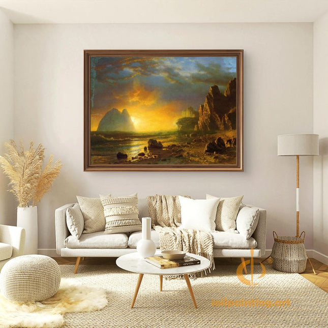 "Albert Bierstadt's 'Golden Mountain Sunset' - Hand-Painted Landscape Oil Painting Reproduction"