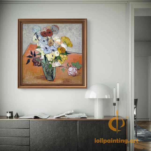 "Vincent van Gogh's 'Vibrant Floral Bouquet in Green Vase' - Premium Hand-Painted Oil Reproduction on Canvas"