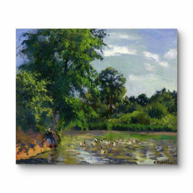 "Camille Pissarro's 'Ducks on a Serene Pond' - Hand-Painted Impressionist Oil Painting Reproduction"
